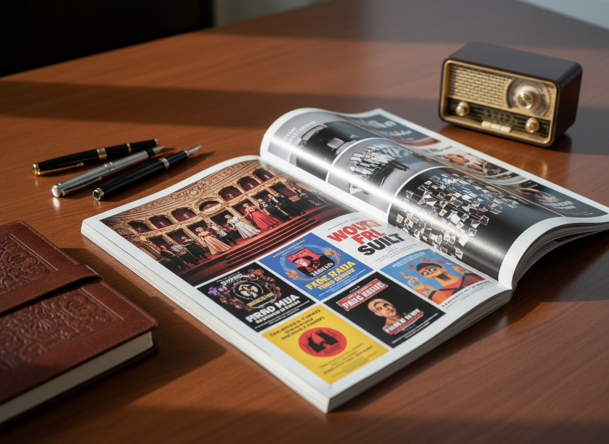 A hardcover cultural magazine lying open on a smooth, dark wooden desk, its glossy pages filled with vibrant photographs of theater stages, art installations, and concert posters. Around it, neatly arranged fountain pens, a leather-bound notebook, and a small vintage radio hint at careful editorial work. Soft, diffused afternoon light enters from an unseen window, creating gentle reflections on the magazine’s pages and subtle shadows along the desk’s grain. Photographed at eye level with a slight diagonal composition, the foreground in crisp focus and the background softly blurred, the mood is professional yet curious, evoking thoughtful cultural journalism in clean, modern photographic realism.