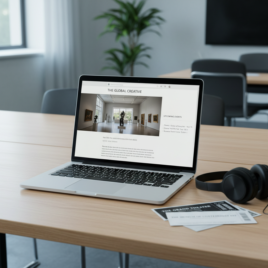 A polished laptop on a clean, light-wood table displaying a cultural blog homepage, with a hero image of a contemporary art exhibition and a sidebar packed with upcoming event listings. Next to the laptop rests a pair of over-ear headphones and a small stack of tickets for theater, cinema, and museum entry, their printed typography sharp and elegant. Cool, even window light illuminates the screen without glare, while a subtle bokeh in the background suggests a modern studio office. Captured from a slightly elevated angle with a rule-of-thirds composition, the image feels analytical, up-to-date, and professionally journalistic in photographic realism.